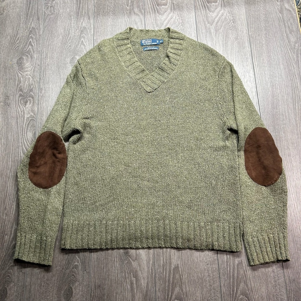 Vintage Polo Ralph Lauren Mens XL Olive Green V-Neck Sweater Elbow Patches Hemp